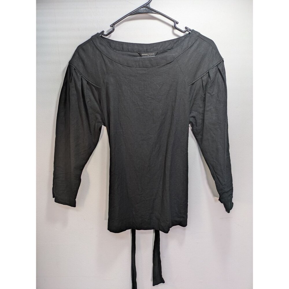 Banana Republic Womens Black Linen Blend Blouse 3/4 Sleeve Gathered, Size XS